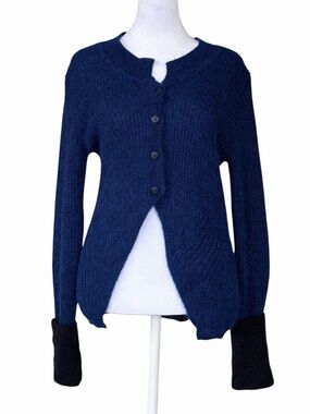 Lilith Alpaca Blend Women's Navy Button-Up Knit Cardigan with Contrast Cuffs